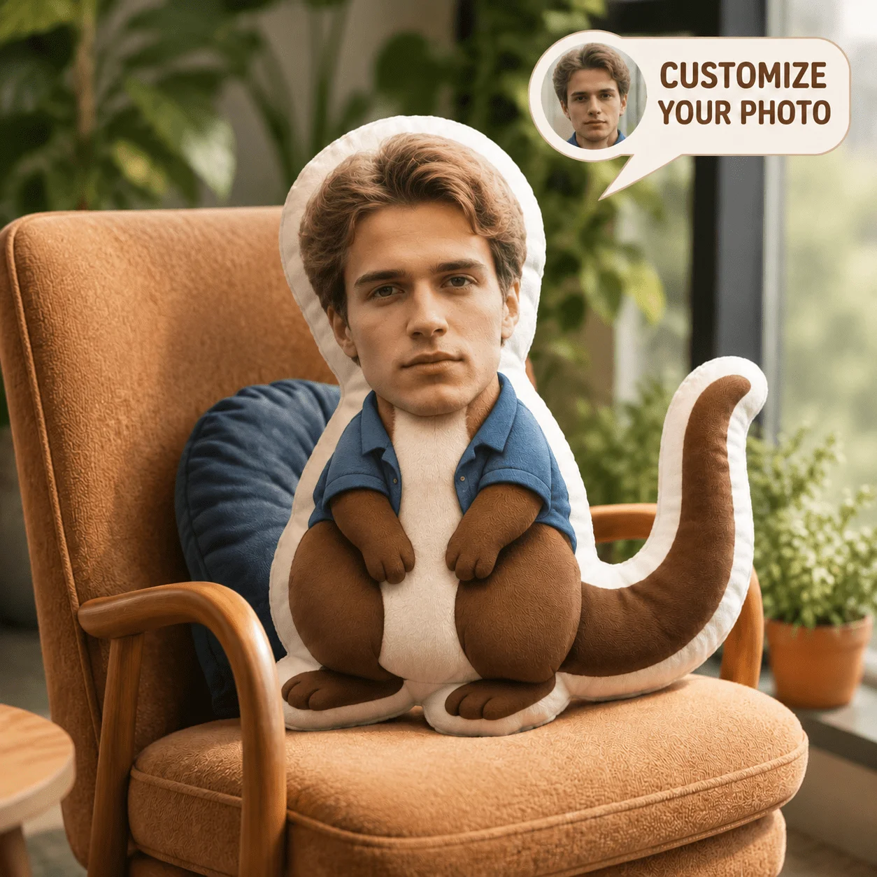 Custom Face Funny Shaped Pillow, Personalized Photo Blue Shirt Decorative Cushion, Unique Home Decor Accent for Sofa & Bedroom,