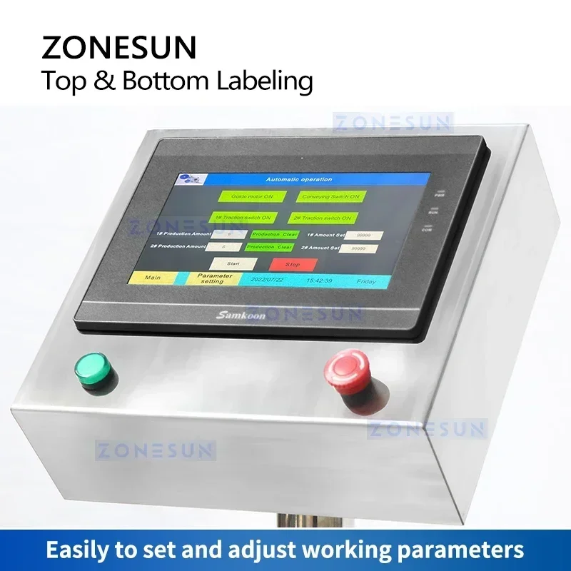 เครื่องติดฉลากอัตโนมัติ ZONESUN ZS-TB602 สำหรับพื้นผิวเรียบ ติดฉลากด้านบนและด้านล่าง ใช้ได้กับกระป๋อง กล่อง ถุง และเครื่องสำอาง