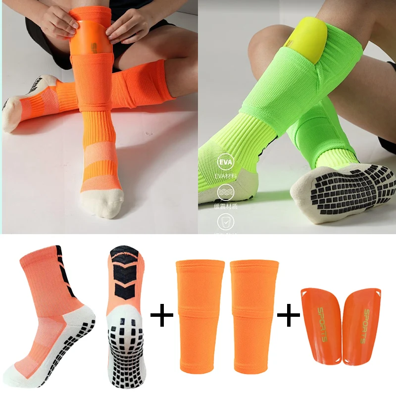 A Set Sports Equipment Anti Slip Soccer Socks Adult Children Football Shin Guards Sleeves With Pocket Shinguards Pads Support