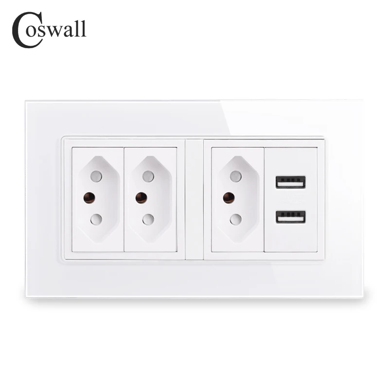 Coswall Glass Panel Wall Brasil Universal Outlet With Type-A & Type-C USB Charging Port HDMI Port Female TV CAT6 Internet Jack