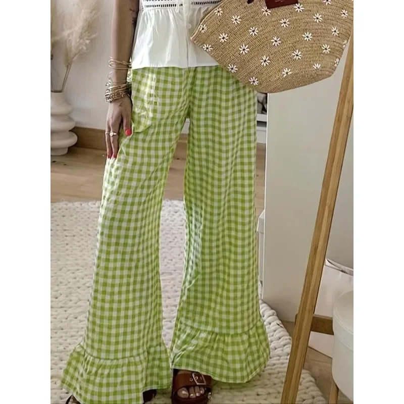 

Plus Size 1XL-5XL Women's Fashion Plaid Flared Pants Women Casual High Waist Pants Straight Leg Holiday Trousers