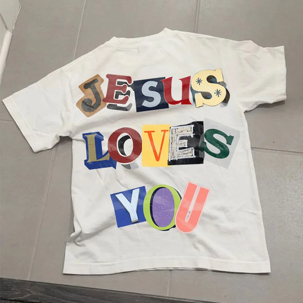 Loves You Collage Graphic Cotton T-shirt Crew Neck Unisex Short-sleeved Hip Hop Retro Street Y2K Casual Fashion Tops Clothing