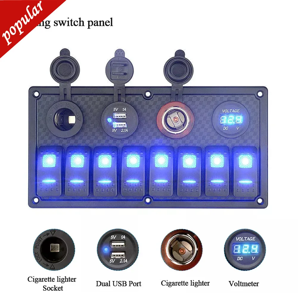 

8 Gang Rocker Switch Panel Car Boat Voltmeter Cigarette Lighter Socket Dual USB Charging Ports Breakers for 12-24V Ship RV