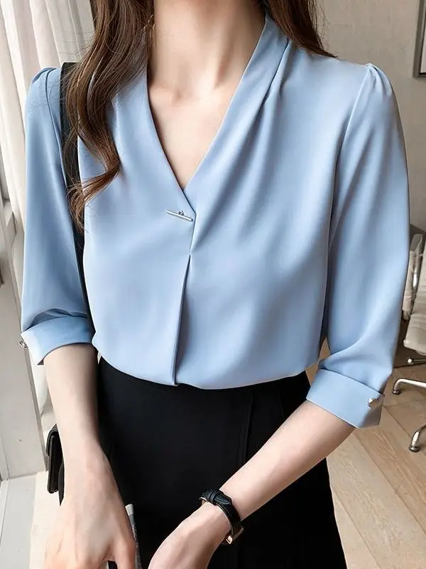 

Summer White V-Ne ort Sve Luxury Chiffon irt Women's Mid-Sve Korean Sle Profional Work Top Outerwear