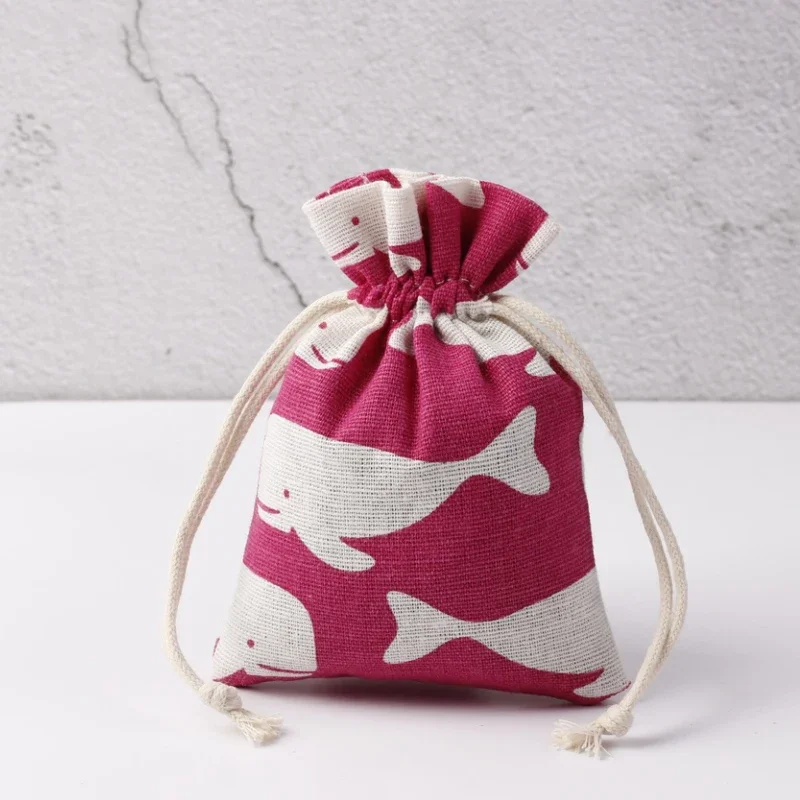 10x14cm 10pcs rose red Whale print Handmade Jute Drawstring Burlap Wedding Party Christmas Gift Jewelry Pouches Packaging Bags