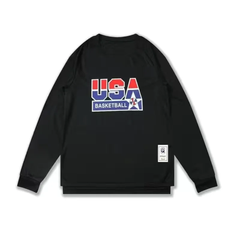 USA Men Tshirt Basketball Print Long Sleeve Shoot Training Fitness Sports Tee T-shirt Tops Breathable Elastic Varsity Pullover