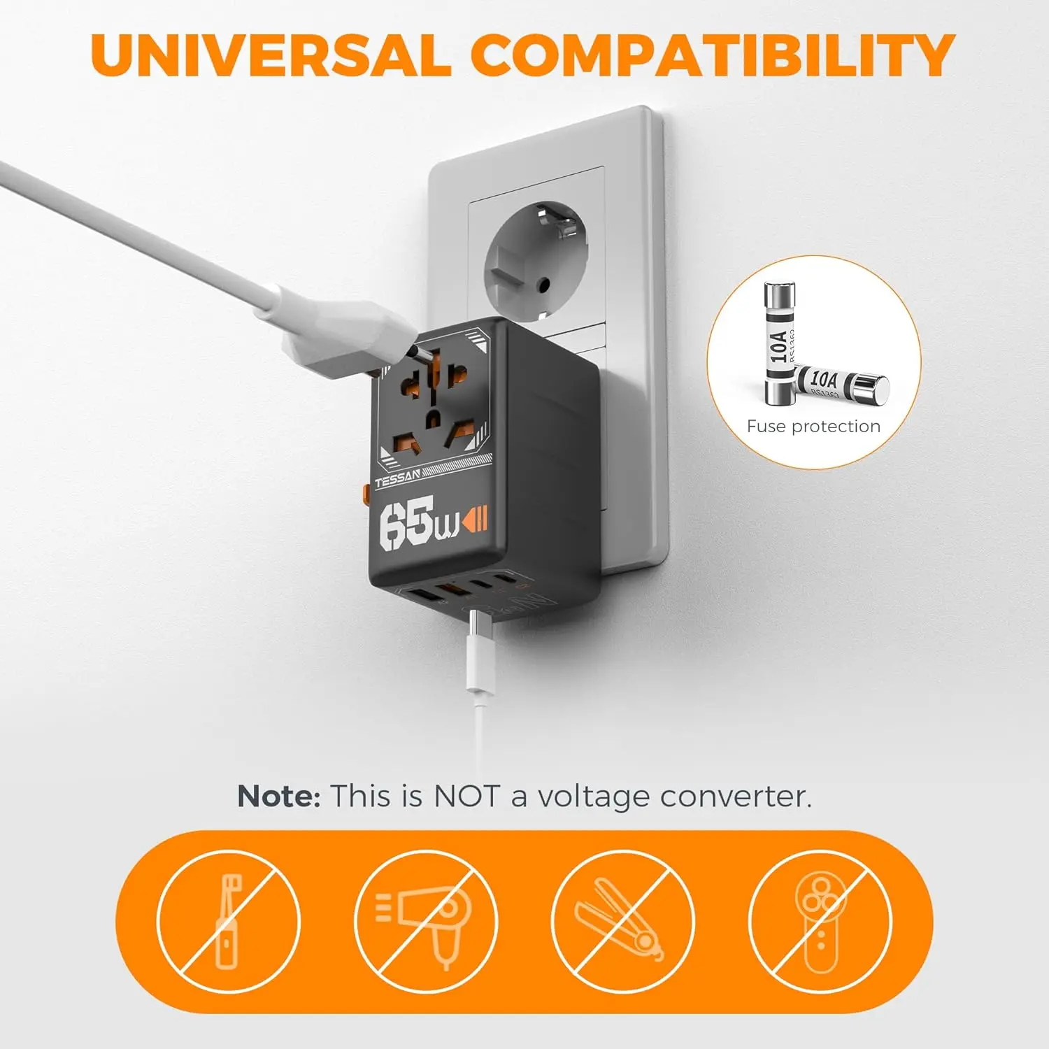 TESSAN 65W GaN International Plug Travel Adapter with USB Type C 140/100/35W Worldwide Universal Power Adapter EU/UK/US/AUS Plug