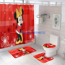 Anime Red Minnie Mouse Mickey Dance Bath Shower Curtain Set 4pcs with Hooks Cartoon Decor Waterproof Bathroom Toilet Mat Lid