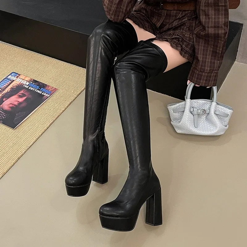 Over-the-Knee High Heeled Boots 2026 Fall/Winter New Waterproof Platform Slimming Over-the-Knee Long Boots