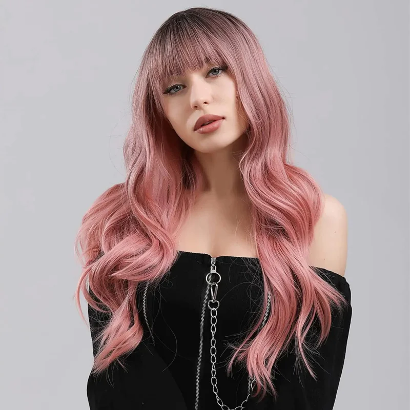 Long Ombre Pink Wig with Bangs Heat Resistant Synthetic Wavy Wig For Women,Natural Hair Wig for Cosplay Daily Party 26 Inch