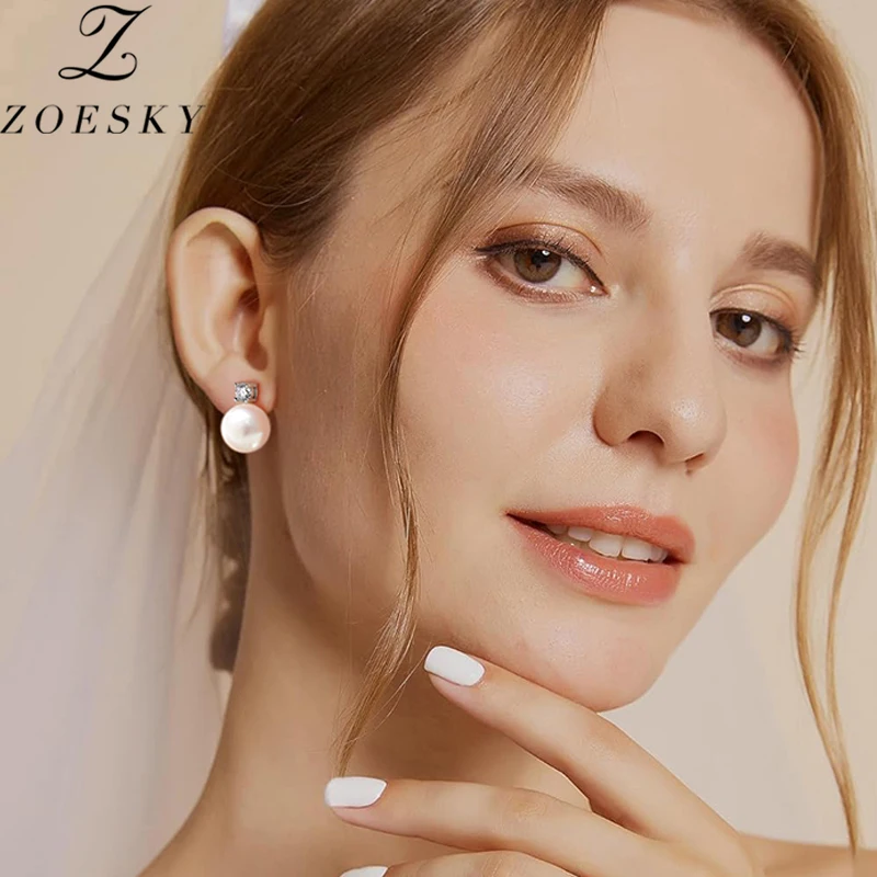 

Zoesky Elegant Freshwater Pearl Shiny Zirconia 925 Sterling Silver Stud Earrings For Women Girl Engagement Wedding Jewelry Gifts