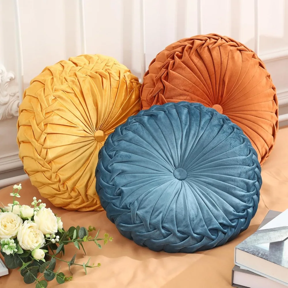 

Set of 3 Decorative Velvet Pleated Throw Pillows, 15 Diameter, Pumpkin Accent, Boho Style Cushions for Sofa and Chair