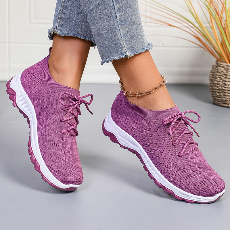 軽量通気性ニットスニーカー女性のための厚い底ノンスリップラン - Knit Fabric Lace Up Sneakers のレビューと価格