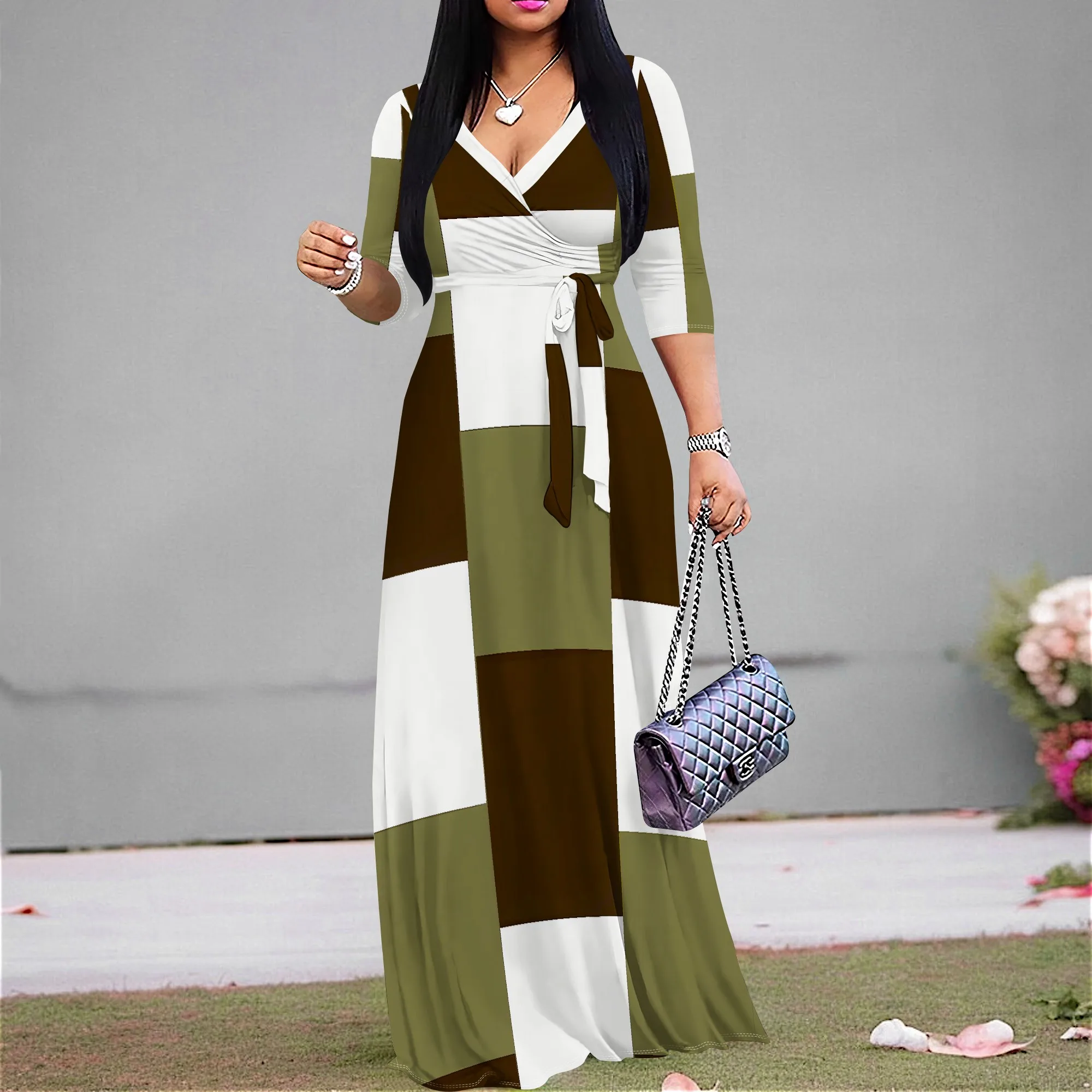 

Women’s Color Block Maxi Dress XS-3XL V Neck Wrap Belted Flowy Long Dress Summer 2025 Casual Holiday Beachwear