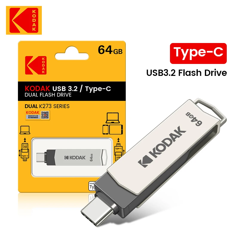 

KODAK K273 USB3.2 Металлический USB-накопитель типа c 64 ГБ 128 ГБ Тип C 2 в 1 USB-накопитель двойной для компьютеров и смартфонов