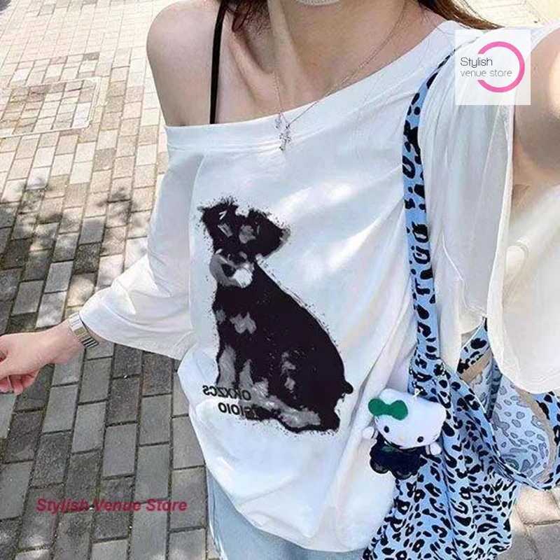 

American Spice Girl Puppy Printed Slant Shoulder Short Sleeve T-shirt Women's Summer Loose and Lazy Off-the-Shoulder Joker Top