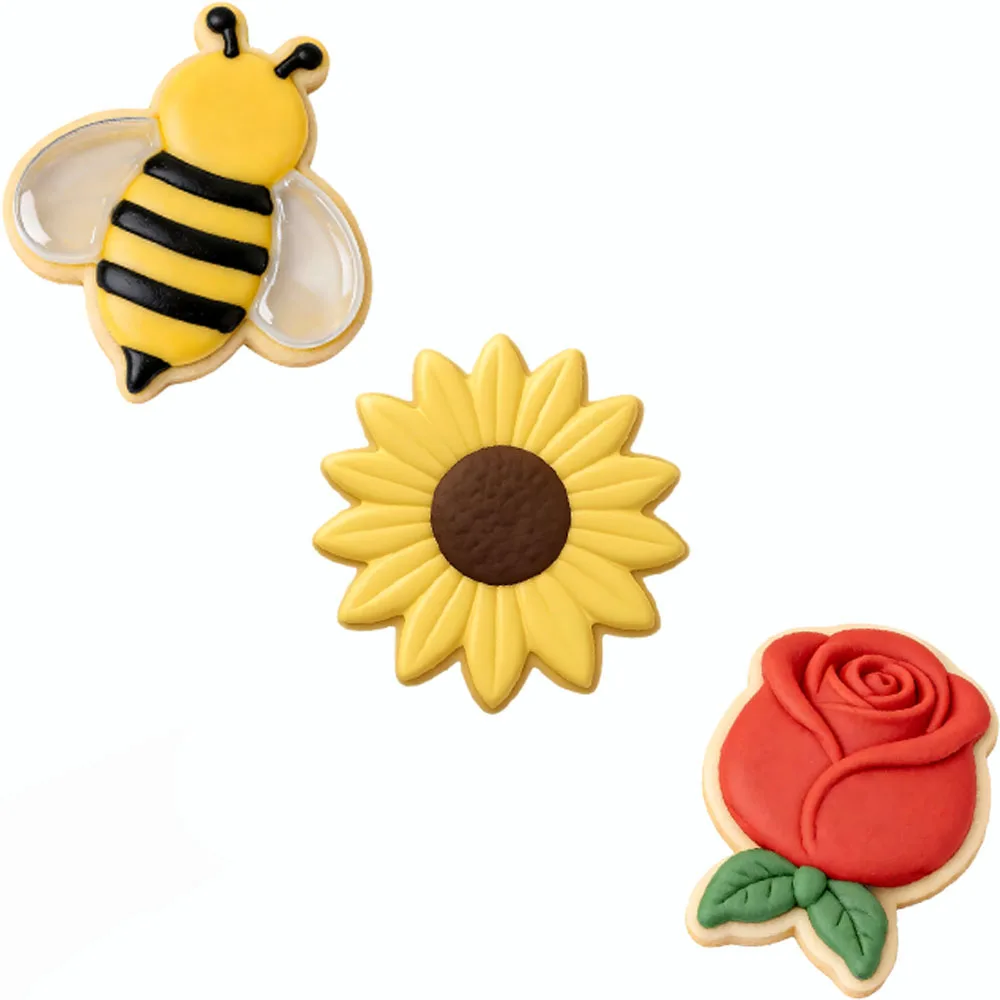 3PCS Bee Flower Cookie Cutter Set Stainless Steel Nonstick Easy Demold Safe Cutters for Fondant Cake Decor Garden Party Home