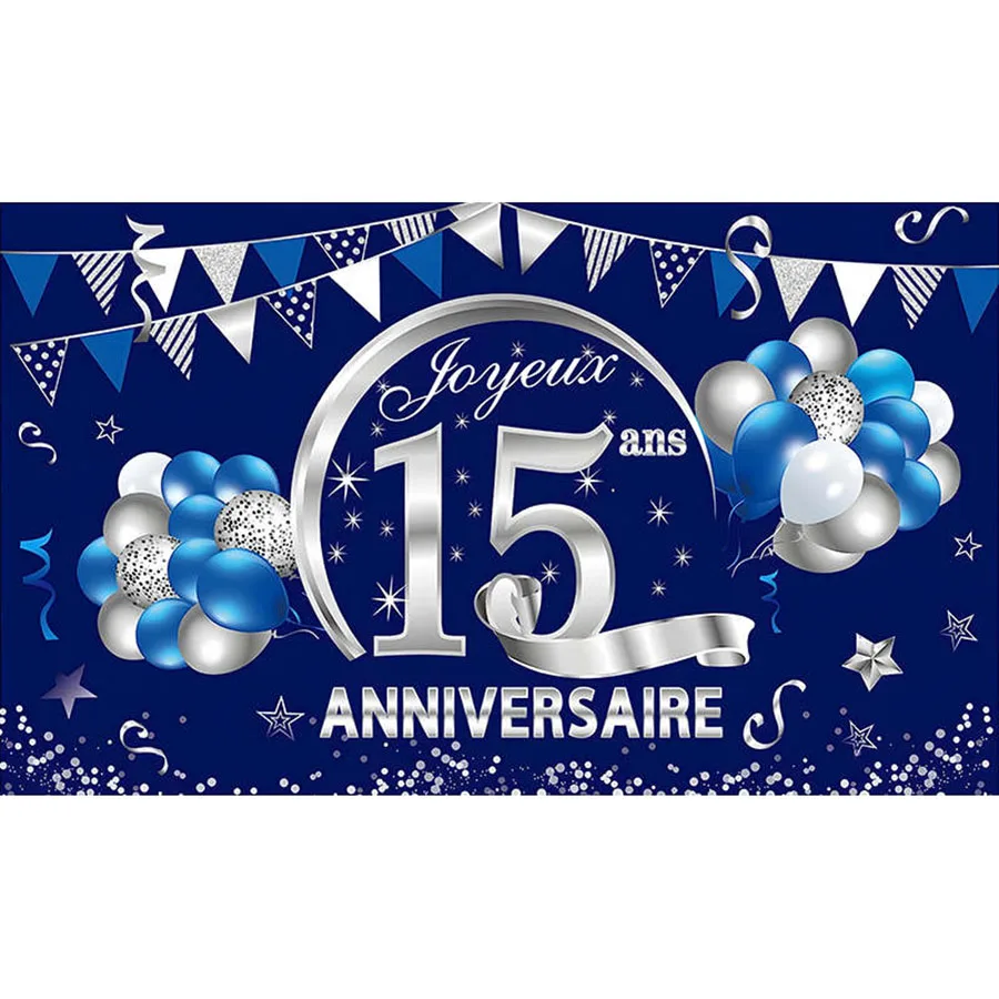 

Happy 15th Birthday Party Decoration Banner Backdrop for Boys Girls Fifteen 15 Years Old Black Gold Navy Blue Silver Background