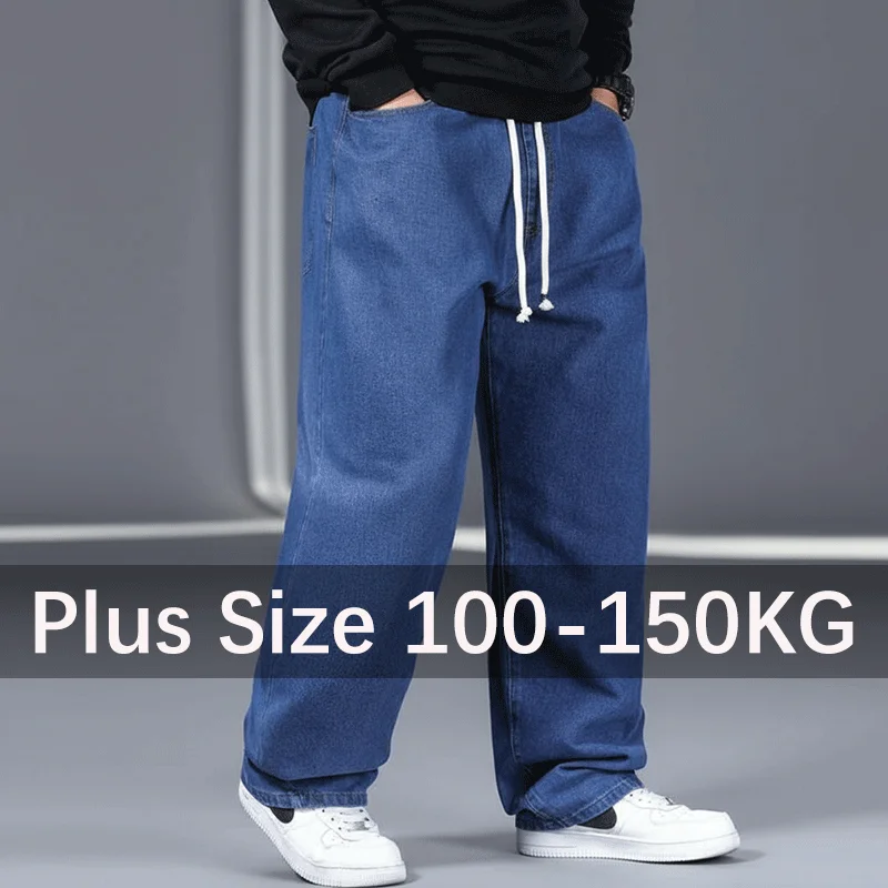 

Men's Autumn Plus Size Jeans 100-150KG Loose Fit Pants Flat Foot Youth Elastic Soft Versatile Black Blue Trousers Male Clothing