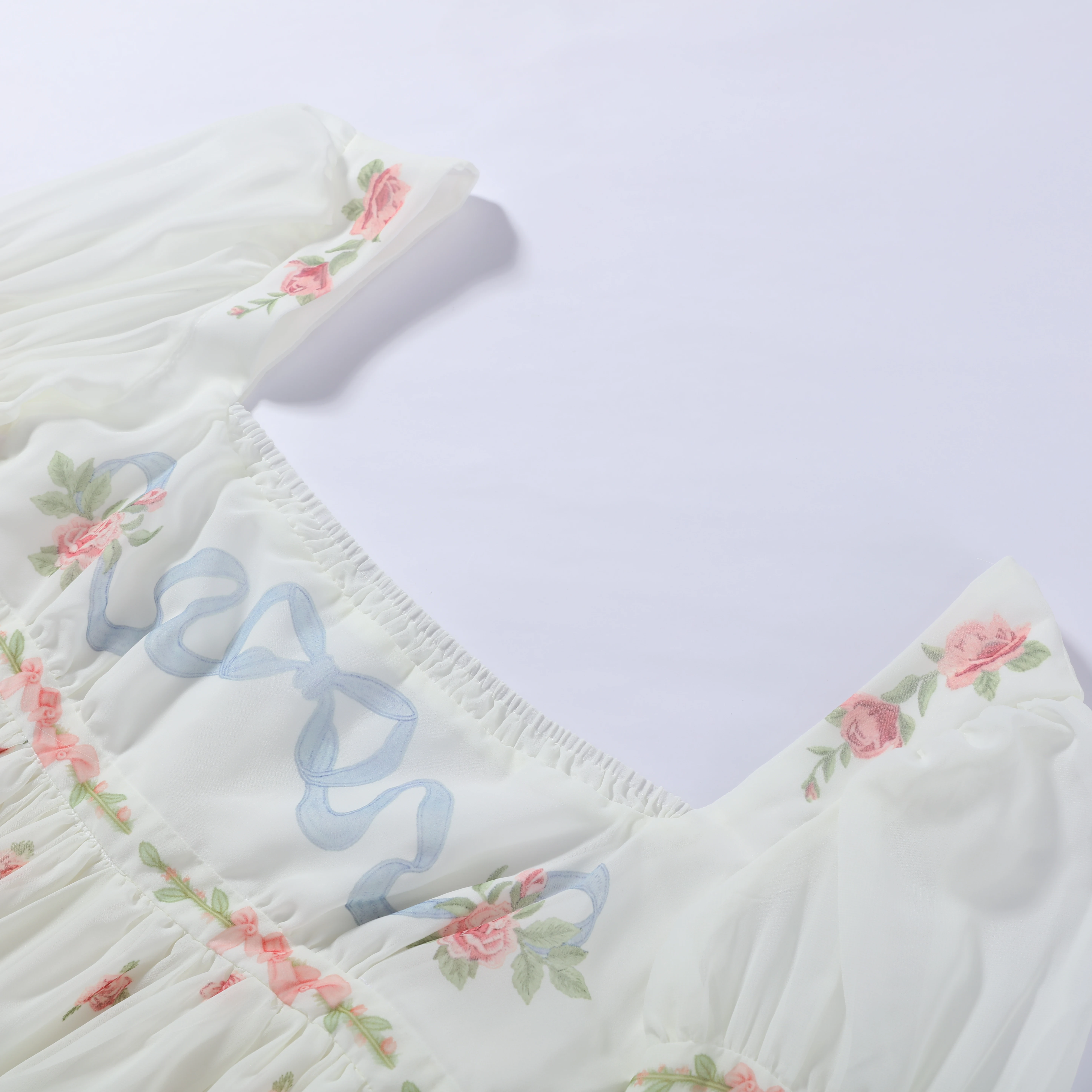 Cottagecore Blumen-Maxikleid für Damen mit Quadratischem Ausschnitt, Langen Puffärmeln, Empire-Taille, Chiffon, Fließendes Vintage Boho Hochzeitsgast-Kleid – Detail 2