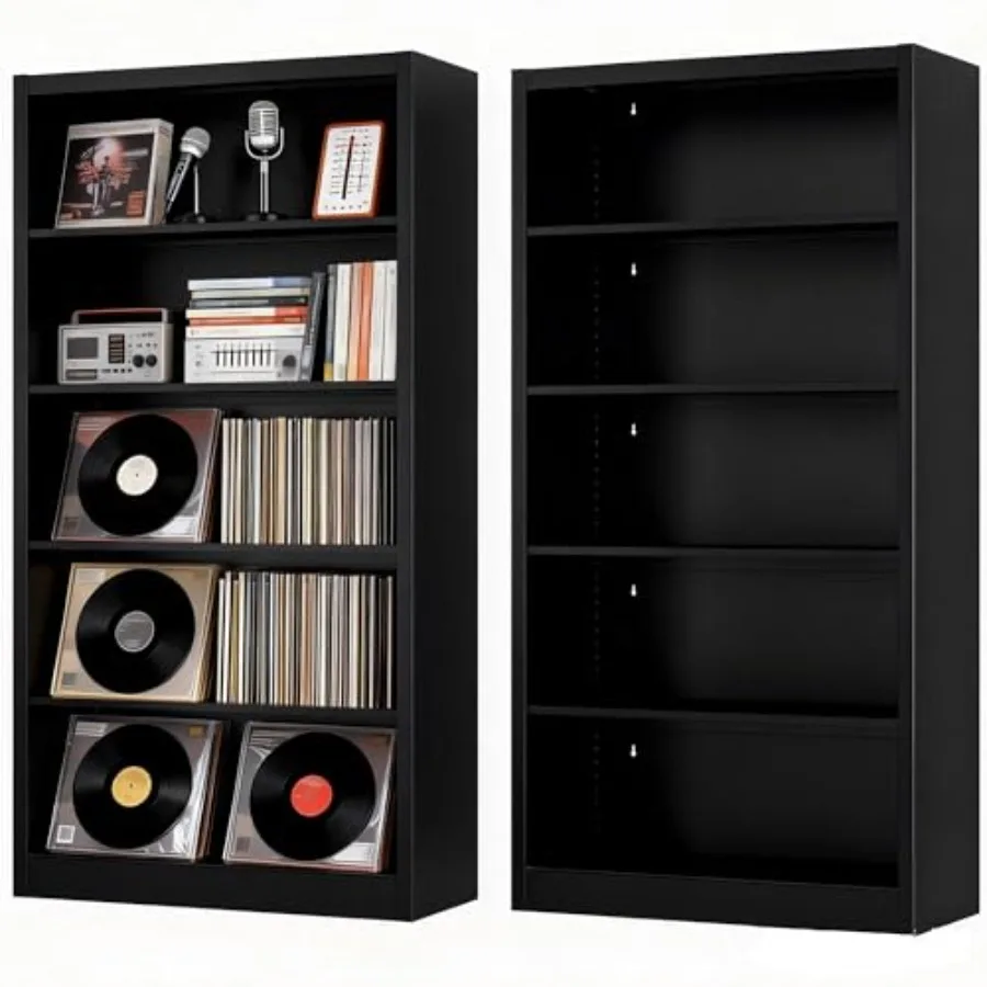 

Vinyl Record Shelf Metal with Back Panel 66" H×33.3" W×14" D Adjustable 5-Tier Steel Rack Heavy Duty Storage for Magazines Book
