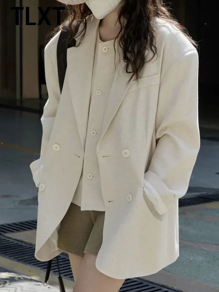 

TLXT Fashion Women's Minimalist Blazer Solid Lapel Double Breasted Long Sleeve Slimming Coats Female 2025 Summer New XK1389