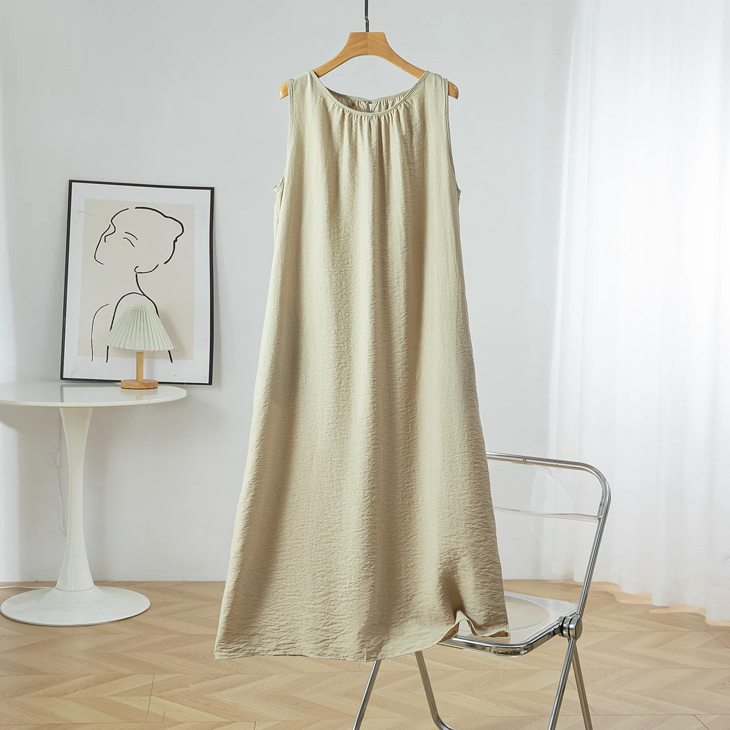 Winsleter-Damska Sukienka Elegancka, 76% Jedwab, 24% Nylon, Dekolt Okrągły, Bez Rękawów, Jednolita, Prosta Sukienka typu Vest, Casual, Lato 2025 D56675CC