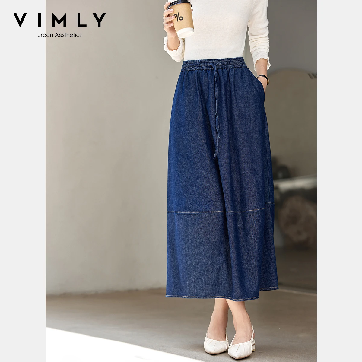 

VIMLY Blue Denim Midi Skirts Autumn 2025 Woman Draw String Washed Thin Bud Skirts Vintage Loose Lady Skirt Woman Clothing A2857