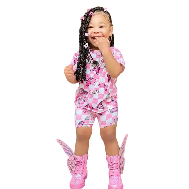 2023 Summer Two Pieces Baby Clothes Kids Girls Butterfly Clothing Sets Short Sleeve Pink T Shirt+Plaid Shorts Outfit 2 to 8Years