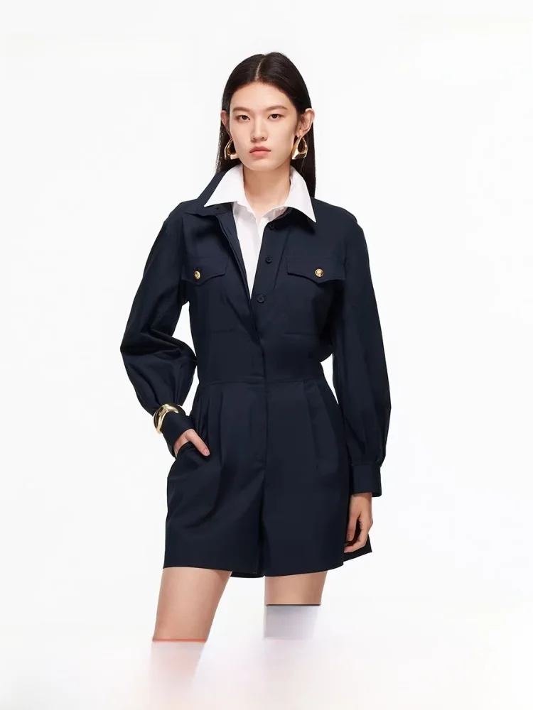 

Комбинезон из смесового хлопка с плиссировкой, воротником, однотонный, с прямыми штанинами, на пуговицах, повседневный