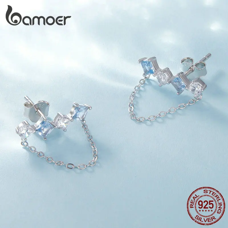 Bamoer 925 Sterling Silver Chain Pendant Stud Earring for Women  Delicate Zircon Hoop Earring drop Earings Birthday Jewelry Gift image 3