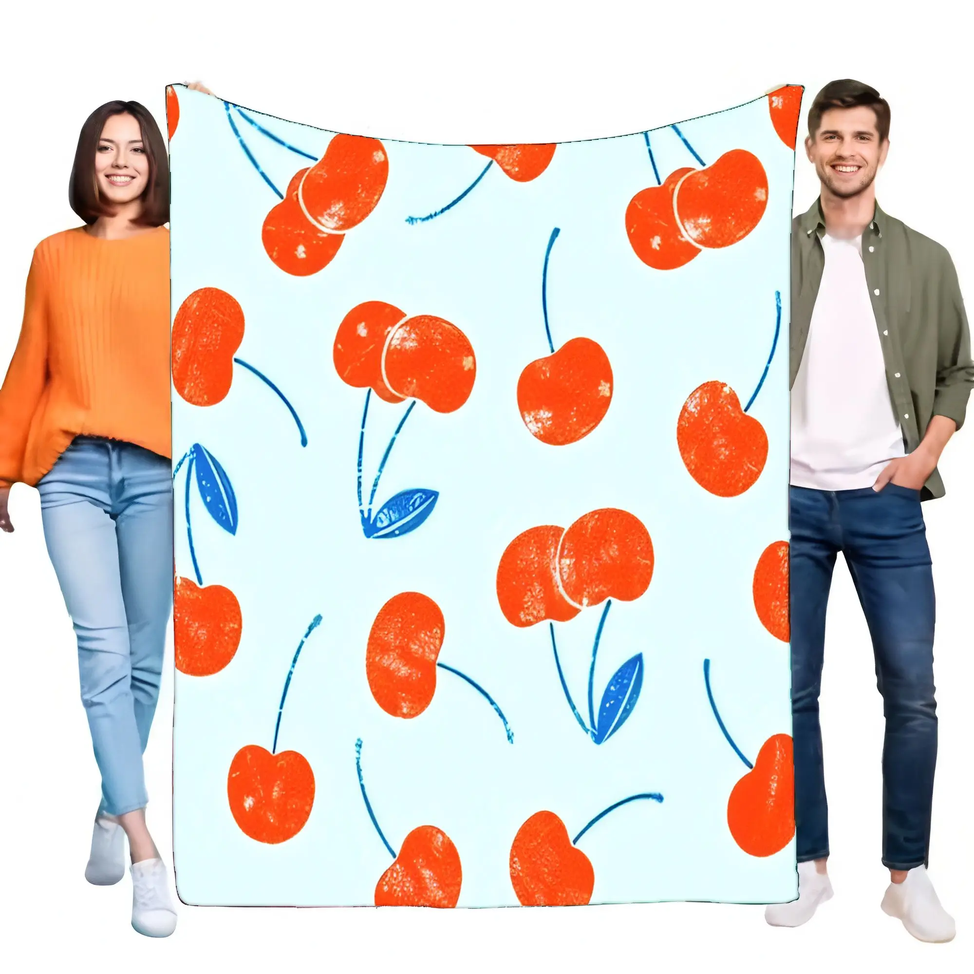 Ultra-Soft Red Cherry Flannel Blanket, Light Blue Retro Fruit Print Throw for Bed Sofa Couch, Cozy Warm Home Decor Gift
