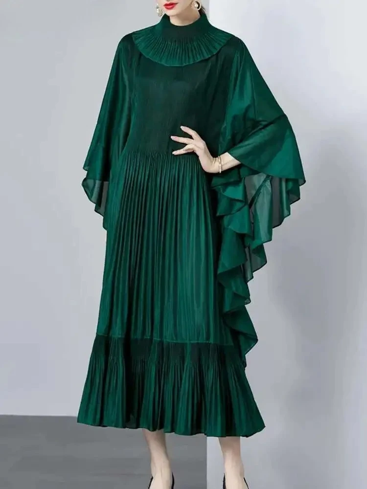 

Pleated Elegant Women's Fashion Lapel Full Batwing Sleeve Solid Colour A-Line Ruffle Summer New 2025 Evening Party Long Dresses