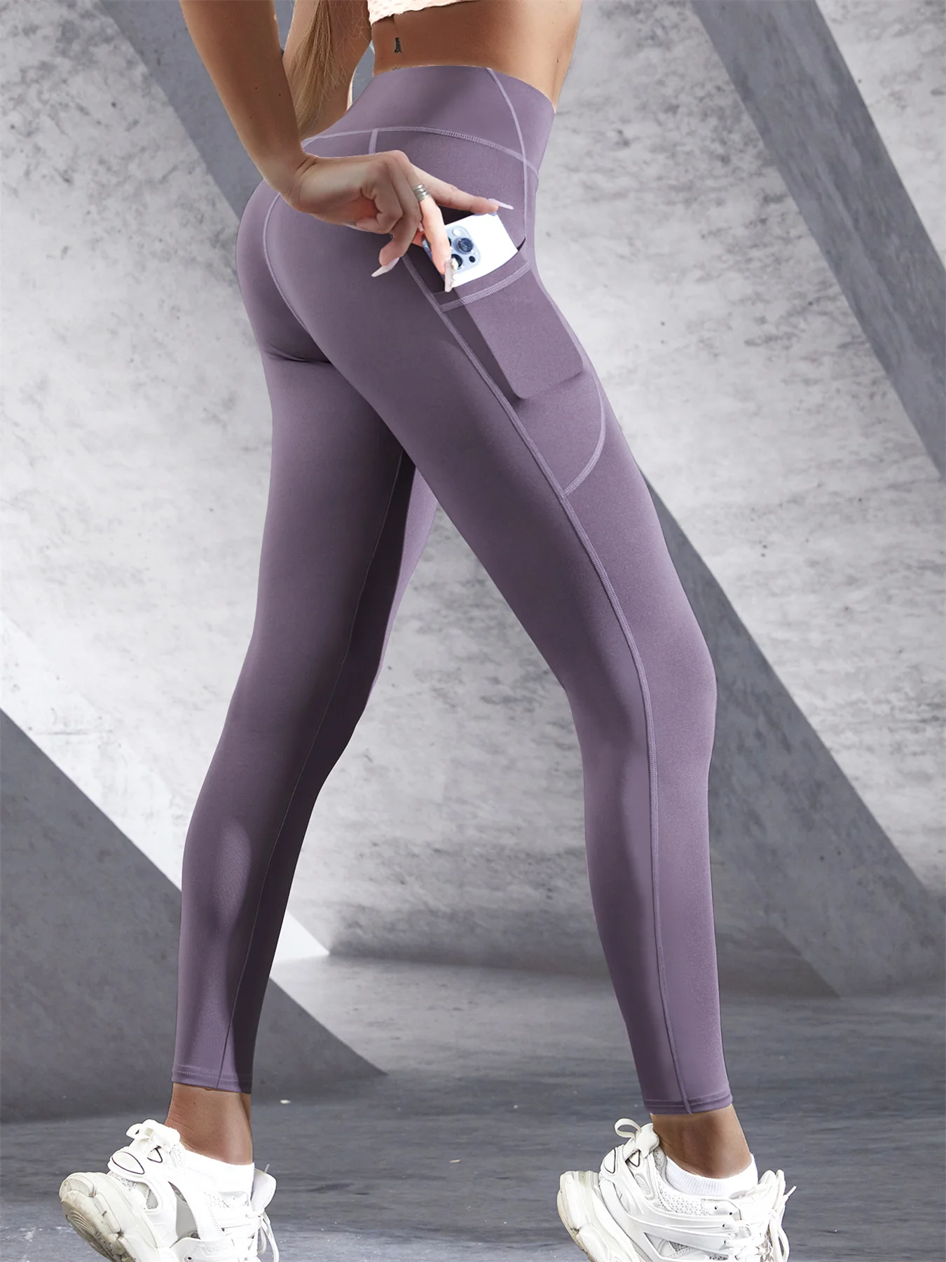 Einfarbige Leggings mit Seitentaschen für Damen, hohe Taille, Sportbekleidung, Zyklus-Yoga-Hose, Push-Up-Fitness-Leggings – Detail 6