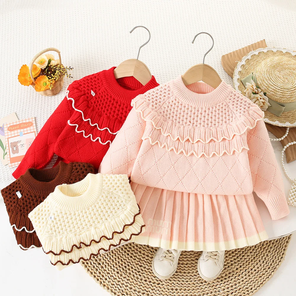 

Girls Knitted Clothes Sets Spring Autumn Children Woolen Jersey Sweaters Tops Skirts Party Dress Suit For Baby Outfits Kids 5 6Y