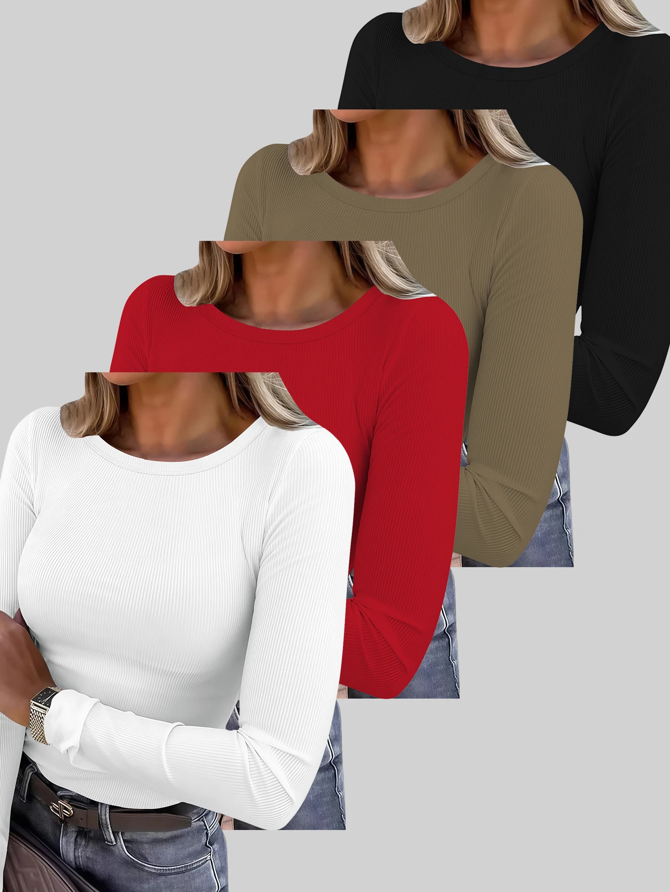 

Комплект из 4 женских футболок с круглым вырезом и длинным рукавом, облегающие топы в рубчик, базовые футболки, осенняя коллекция