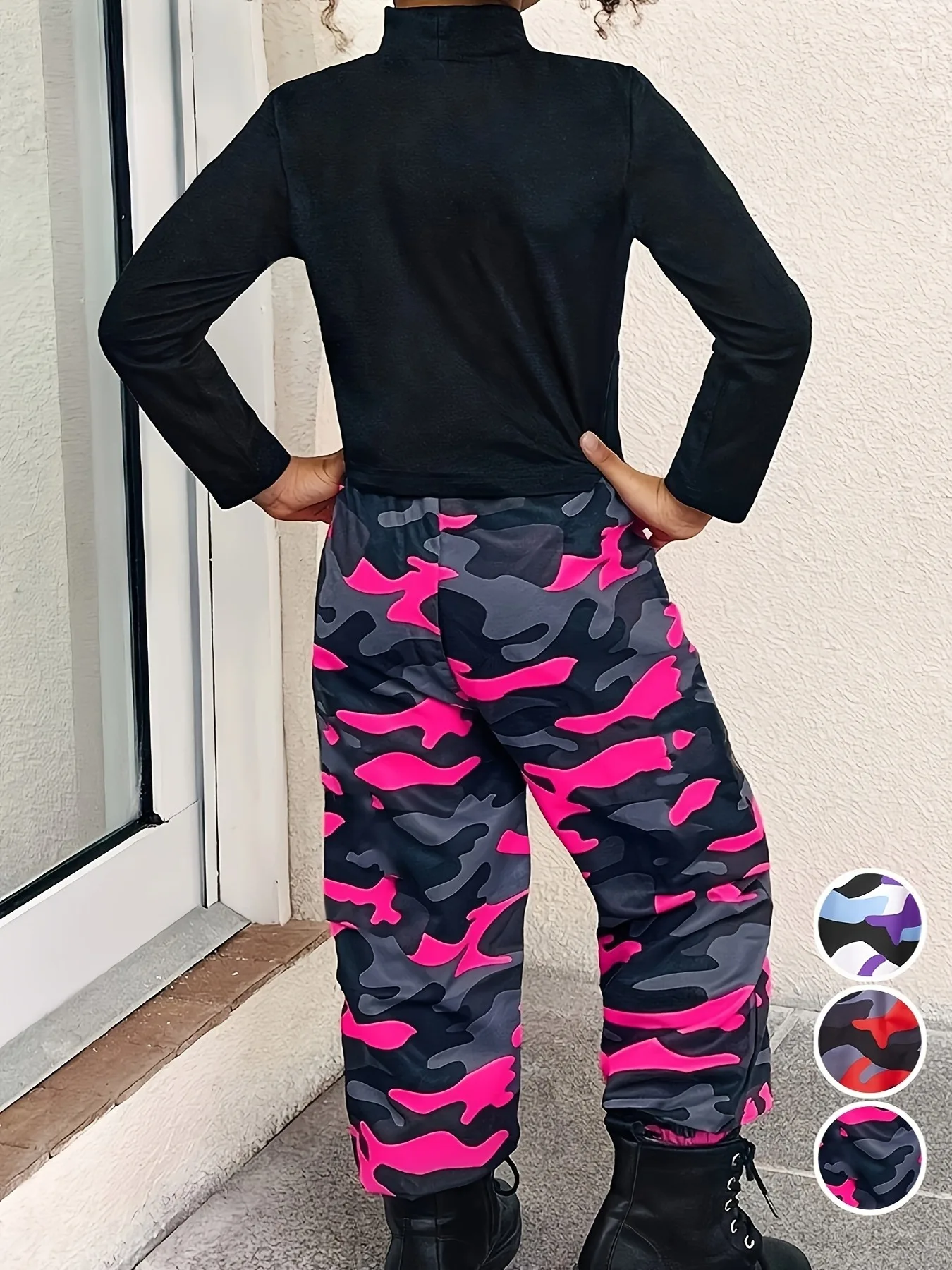Trendy Girls 2Pcs Hip Hop Co-ord, Black Racing Graphic High Neck Cropped Top, Pink Camo Jogger Pants for Kids Street Shoot Dance