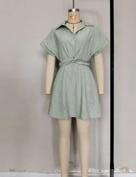

Womens Dresses 2026 New Spring Summer Fashion Striped Turn-Down Collar Short Sleeved Hollow Waist Lace Up Mini Shirt Dress