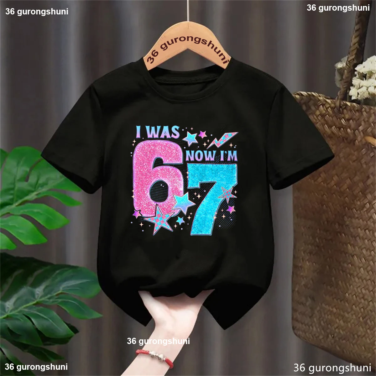 Colorful I Was 6 Now I Am 7 67meme Printed T Shirt Girls 7th Birthday Gift T-Shirt Funny Kids Clothes Summer Short Sleeve Shirt