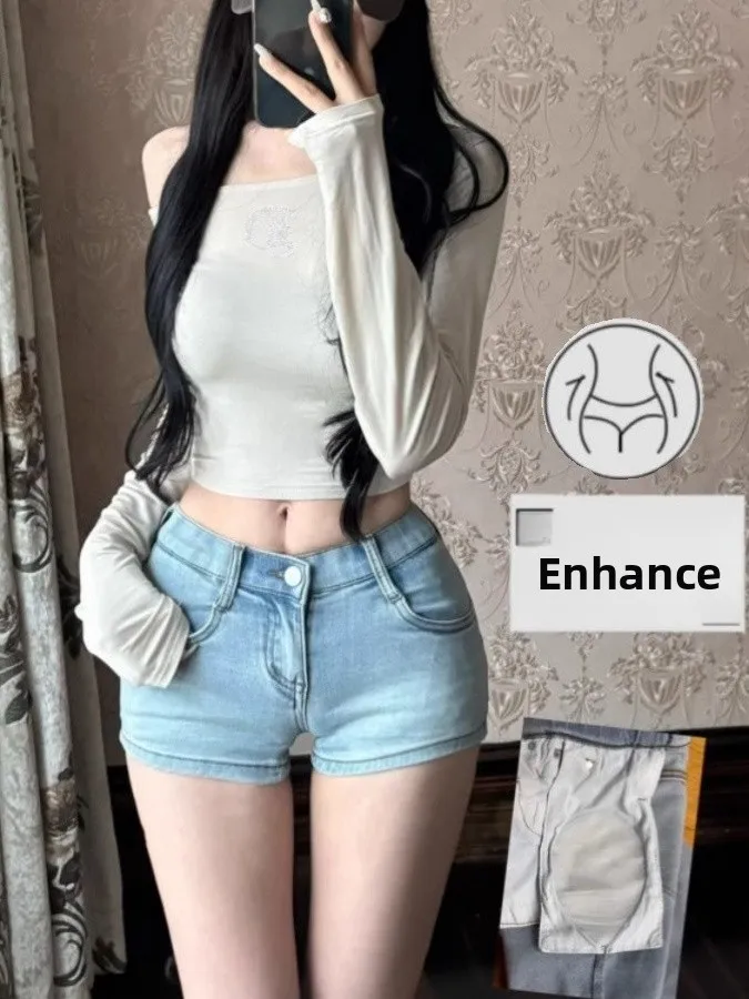 

Retro American Denim orts Women's Summer Slimming Tight Fit Sexy Butt Enhancing Hot Pants Low Waist Straight Leg Jeans