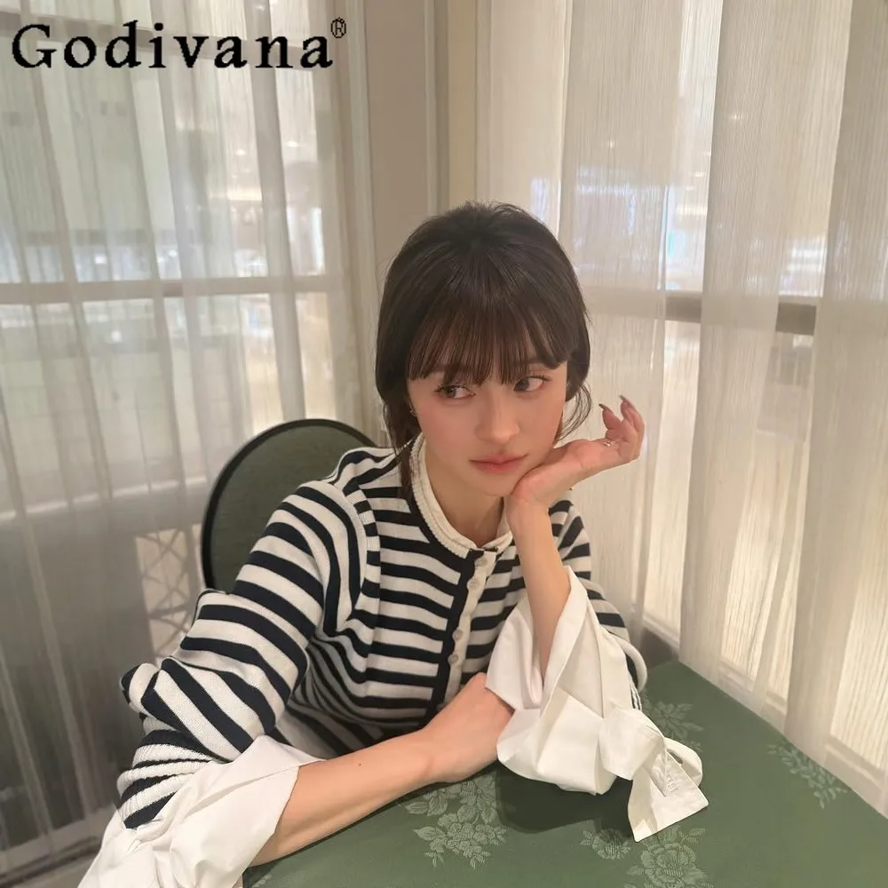

Japanese Style Sweet Knitted Short Striped Cardigan Girls Women's Fashion Shirt Sleeve Knit Jacket Lady Sweater Spring Autumn