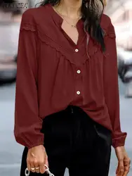 ZANZEA Stylish Autumn Women Long Sleeve Lace Tops Casual Button Up Blusas Female Elegant Solid OL Work Blouse Patchwork Shirt