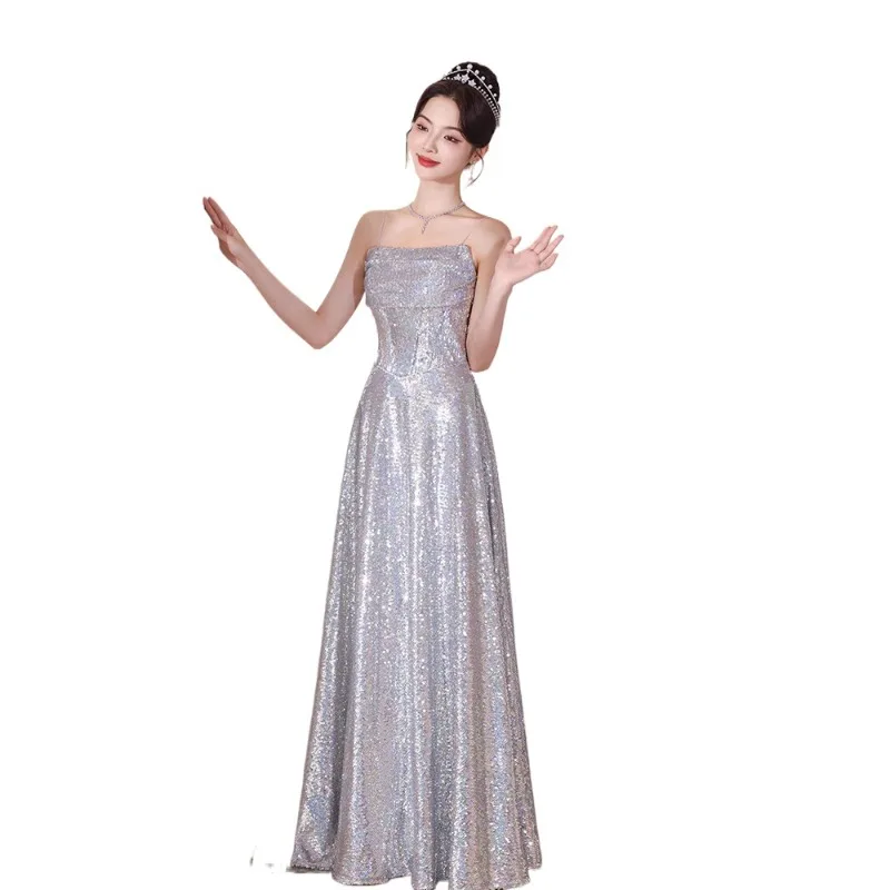 Novo Vestido de Festa Feminino Sexy com Lantejoulas Sem Alças Estilo Banquete 2026 Vestido Longo Elegante e Afinador
