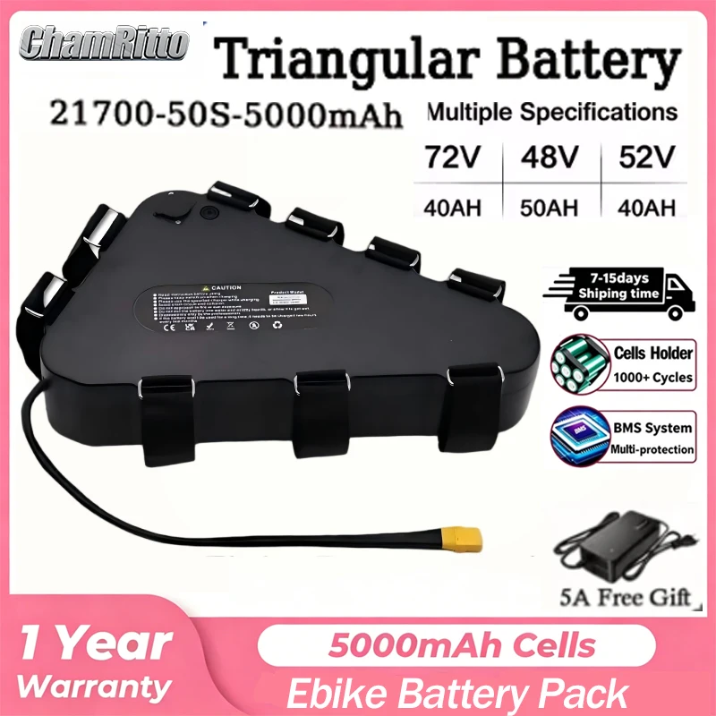 

Original E bike Battery 72V 60V 52V 48V 40AH 50AH 60AH 100A BMS Triangle Lithium Battery waterproof Pack 1000W 1500W 2000W 3000W