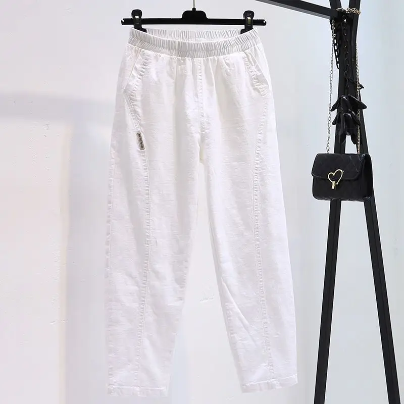 New Temperament Summer Casual Women's Fashion Versatile Solid Color Pockets Elastic High Waist Loose Straight Harun Crop Pants