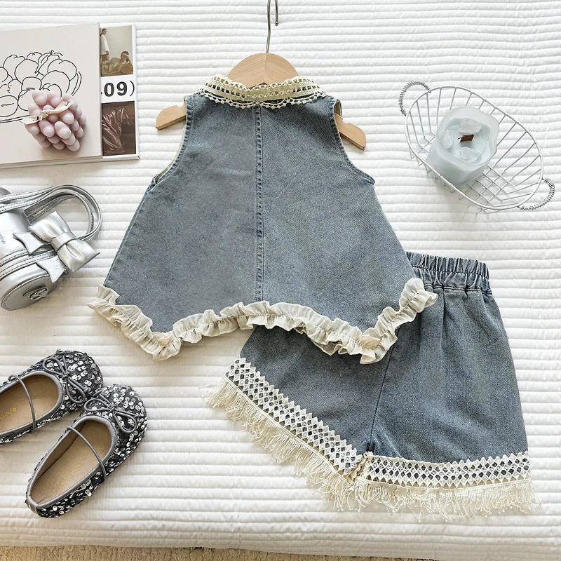 Summer Children's Stylish Hollow Bow Sleeveless Top+shorts Two-piece Set Girls' Soft Denim Shorts Set