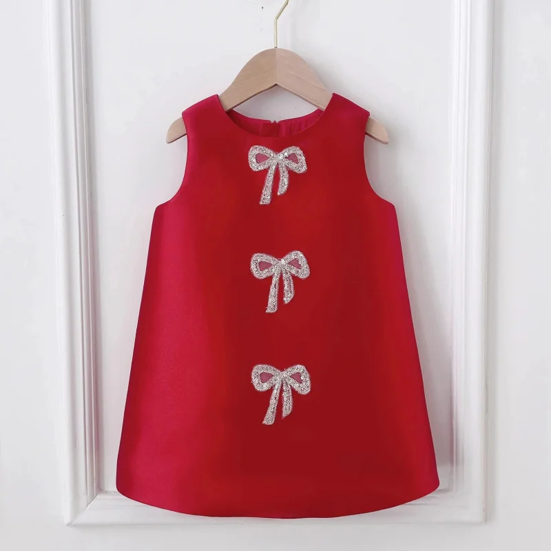 Korean Style Girl's Red Vest Dress2025New Satin Princess Dress Niche Girl Baby Birthday Dress Spring