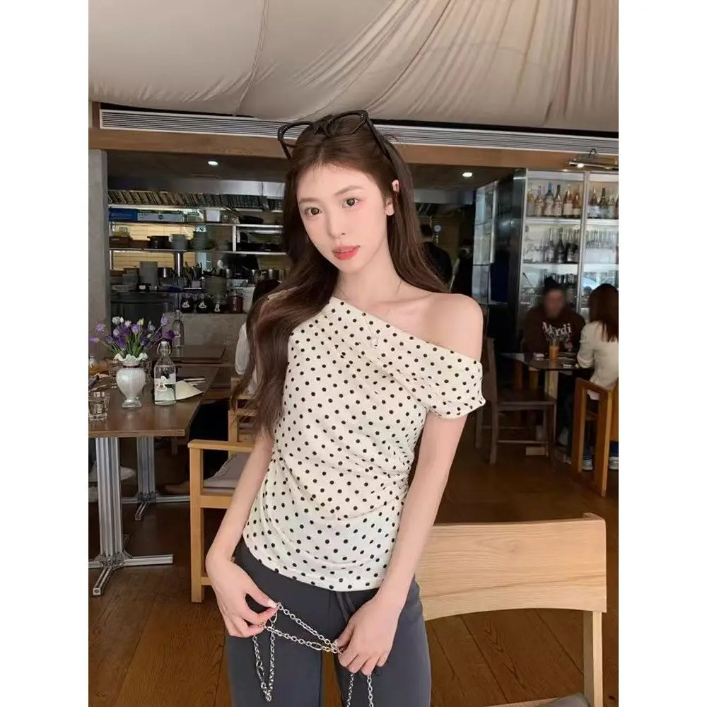 Shoulder Off Kpop T-shirts Women Sexy Korean Fashion Tops Y2K Slim Vintage Tees Shirts Polka Dot Cheap Clothes Woman Tshirts