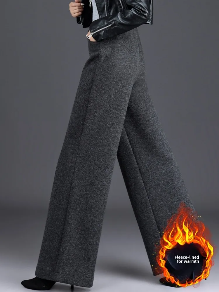Verdikte wollen wijde pijpen broek dames hoge taille rechte broek casual grote voet lange broek woon-werkverkeer Sle pure kleur