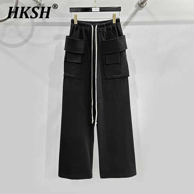 HKSH Men\'s Streetwear 2024 Spring Summer RO Style Dark Motorcycle Double Loop Knitted Fabric Multi Pocket Workwear Pants HK1369